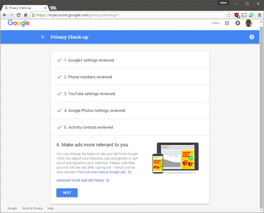 Privacy Check-up Ads Settings