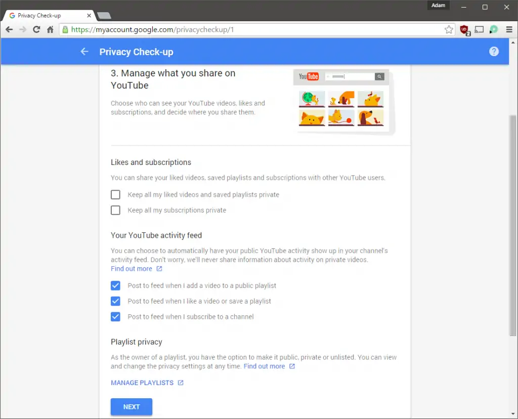 Privacy Check-up YouTube Settings
